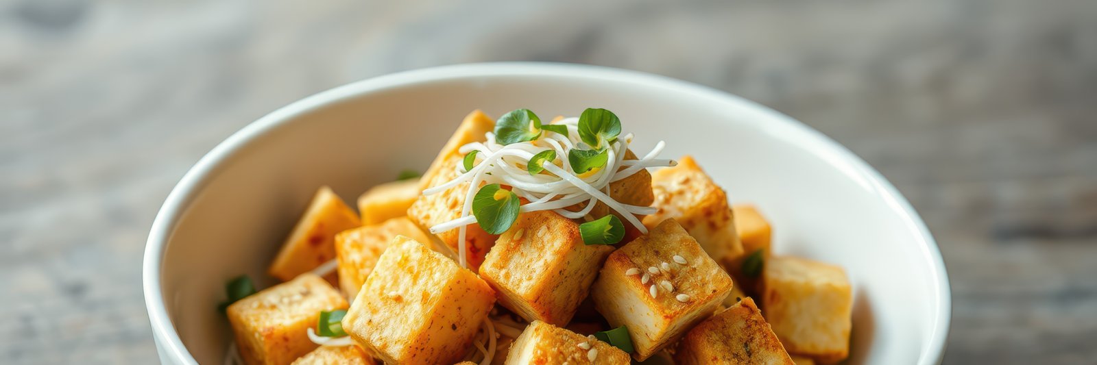 Deliciously seasoned tofu with fresh herbs and garnishes served in a white bowl on a wooden table